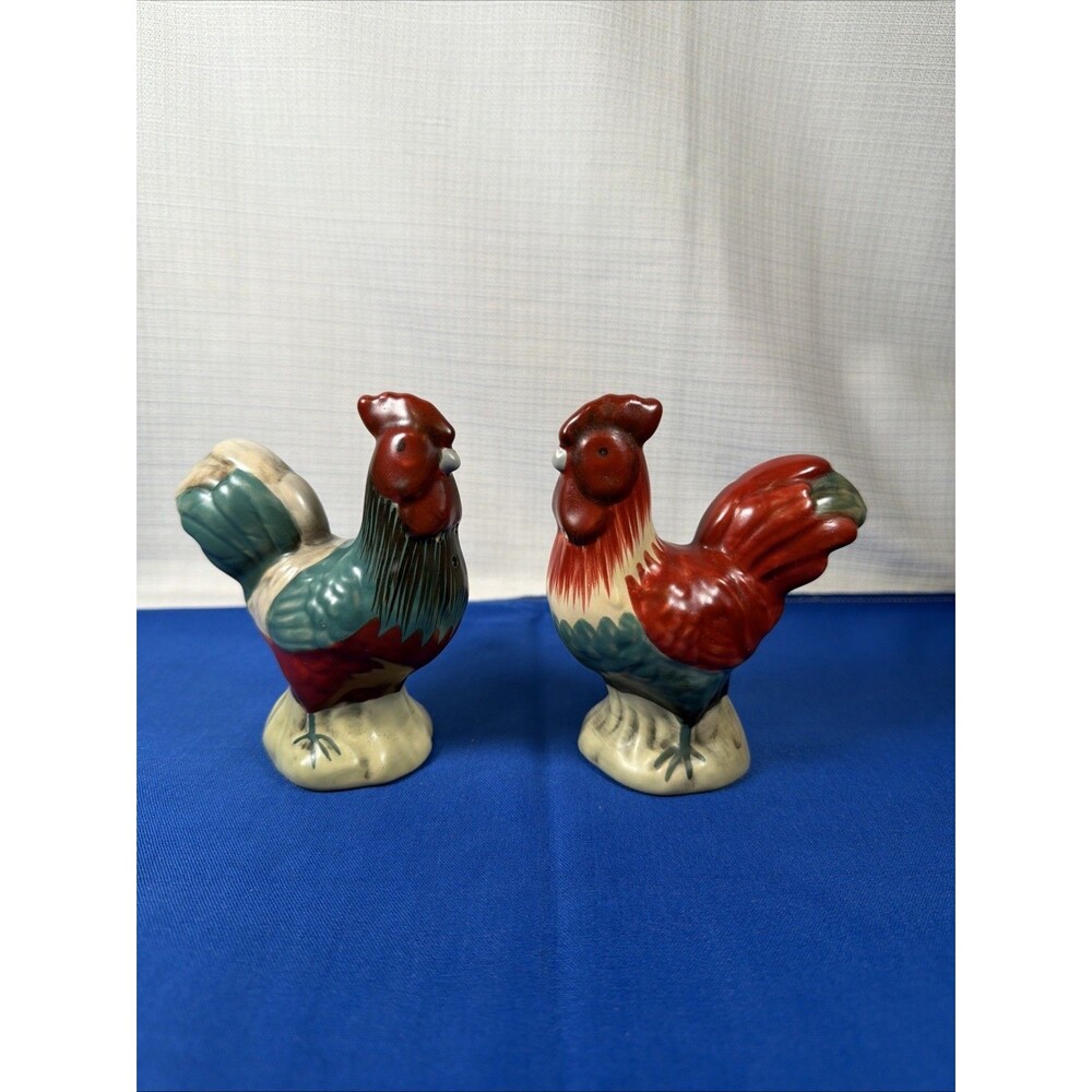 Vintage Ceramic Rooster Hen Salt and Pepper Shakers Plugs Farmhouse China 4.5"